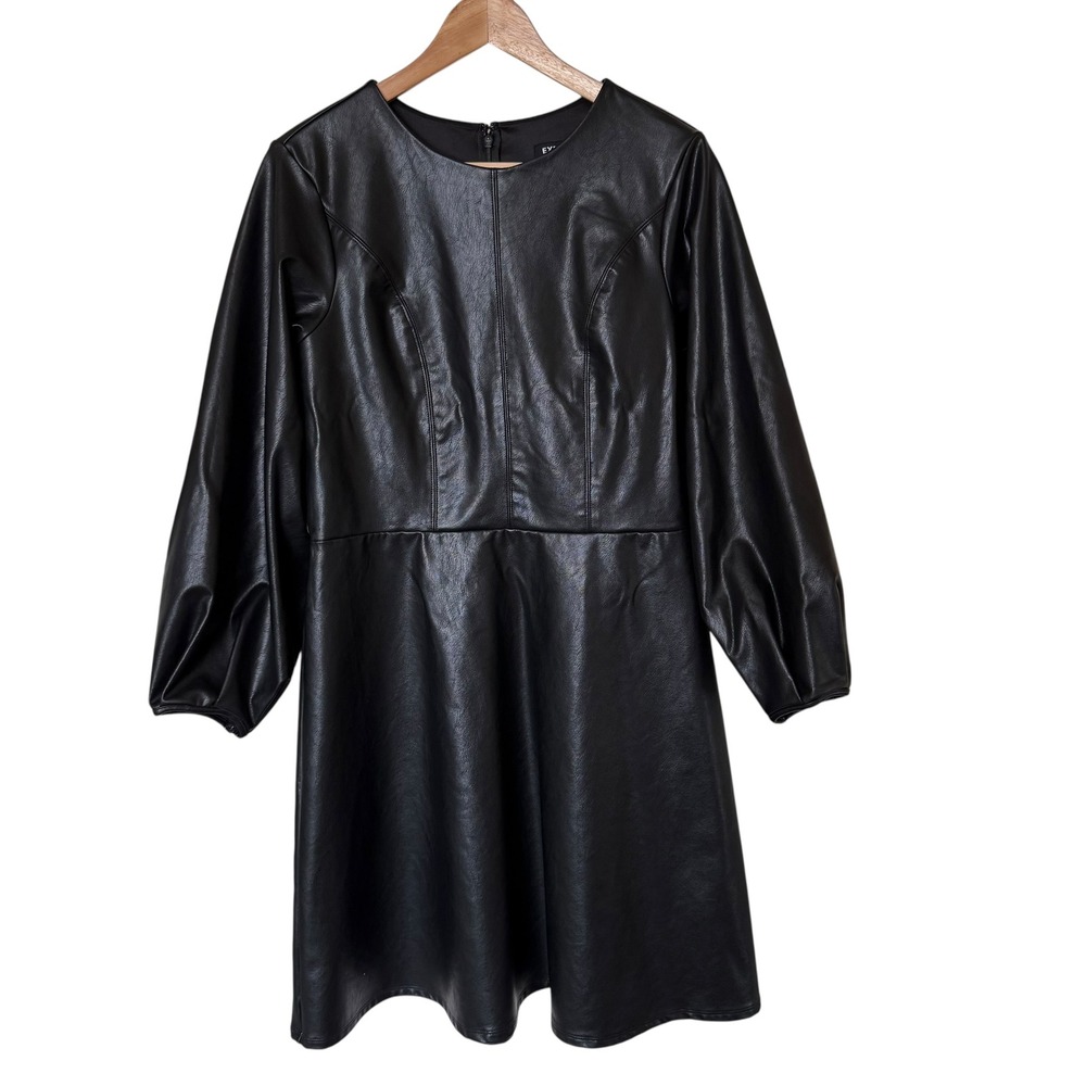 Express‎ Faux Leather Dress Womens Large Black Euc Puff Sleeve Mini Fit Flare